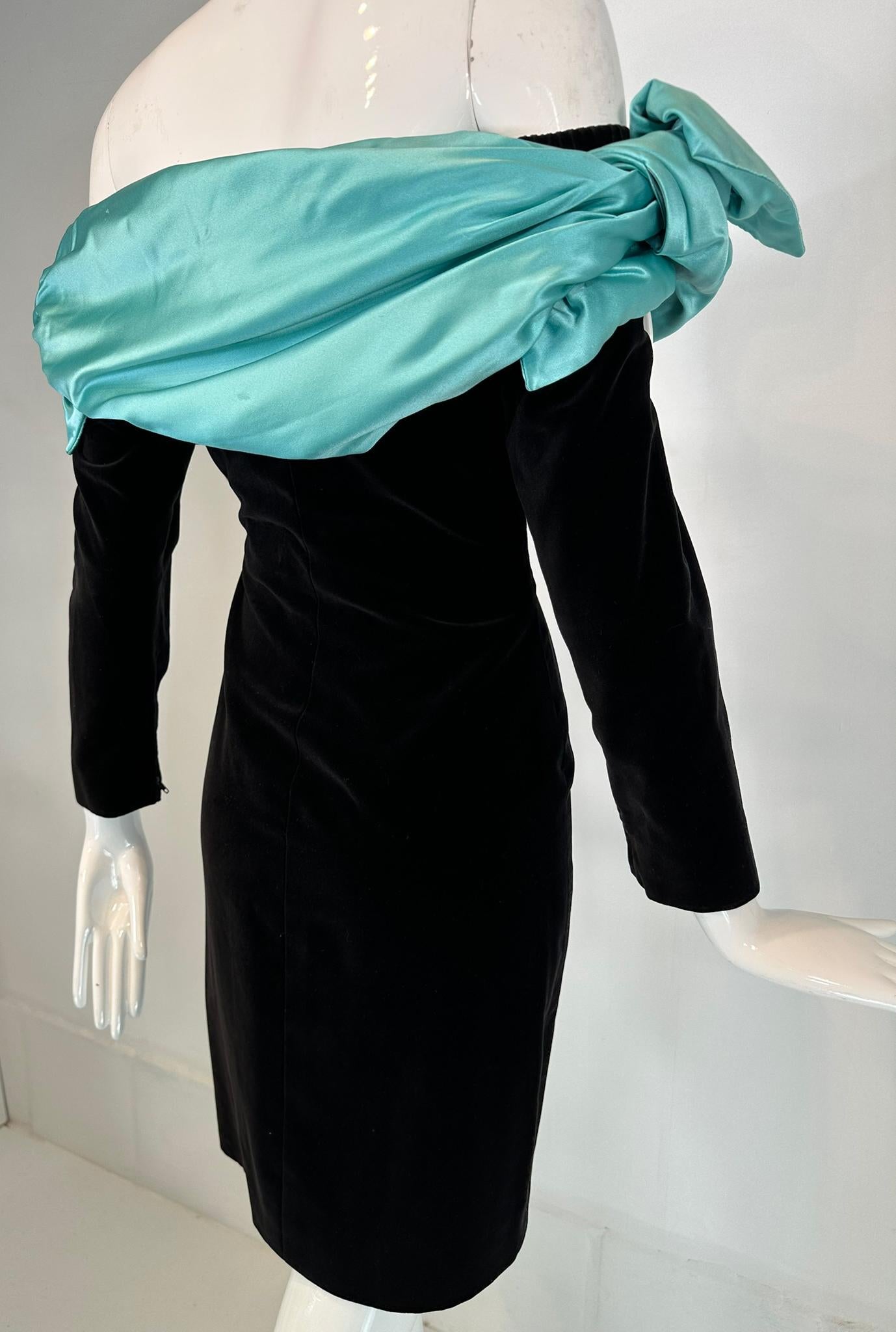 Yves Saint Laurent Black Velvet Turquoise Satin Off the Shoulder Cape Dress 1980 For Sale 9