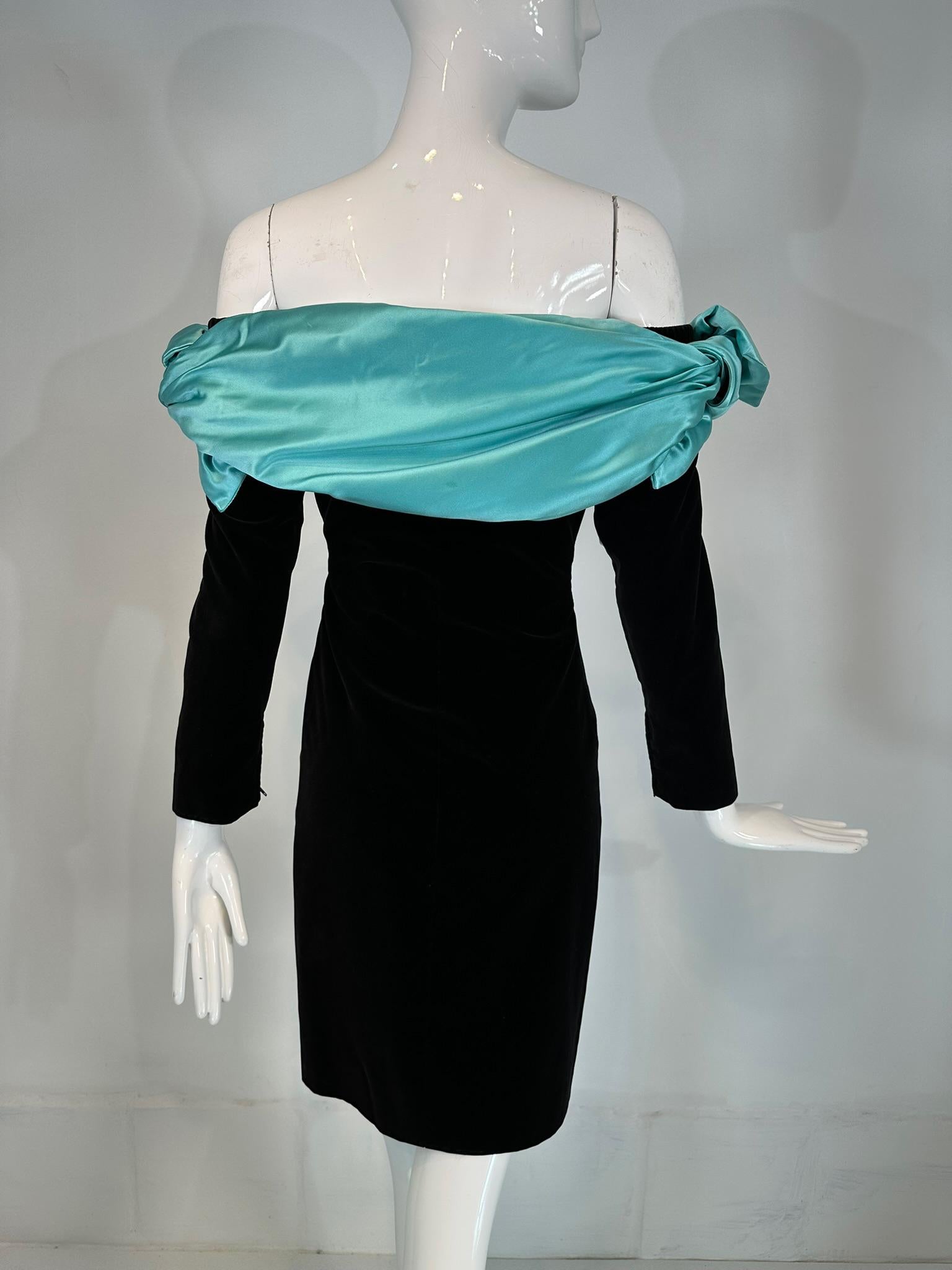 Yves Saint Laurent Black Velvet Turquoise Satin Off the Shoulder Cape Dress 1980 For Sale 10