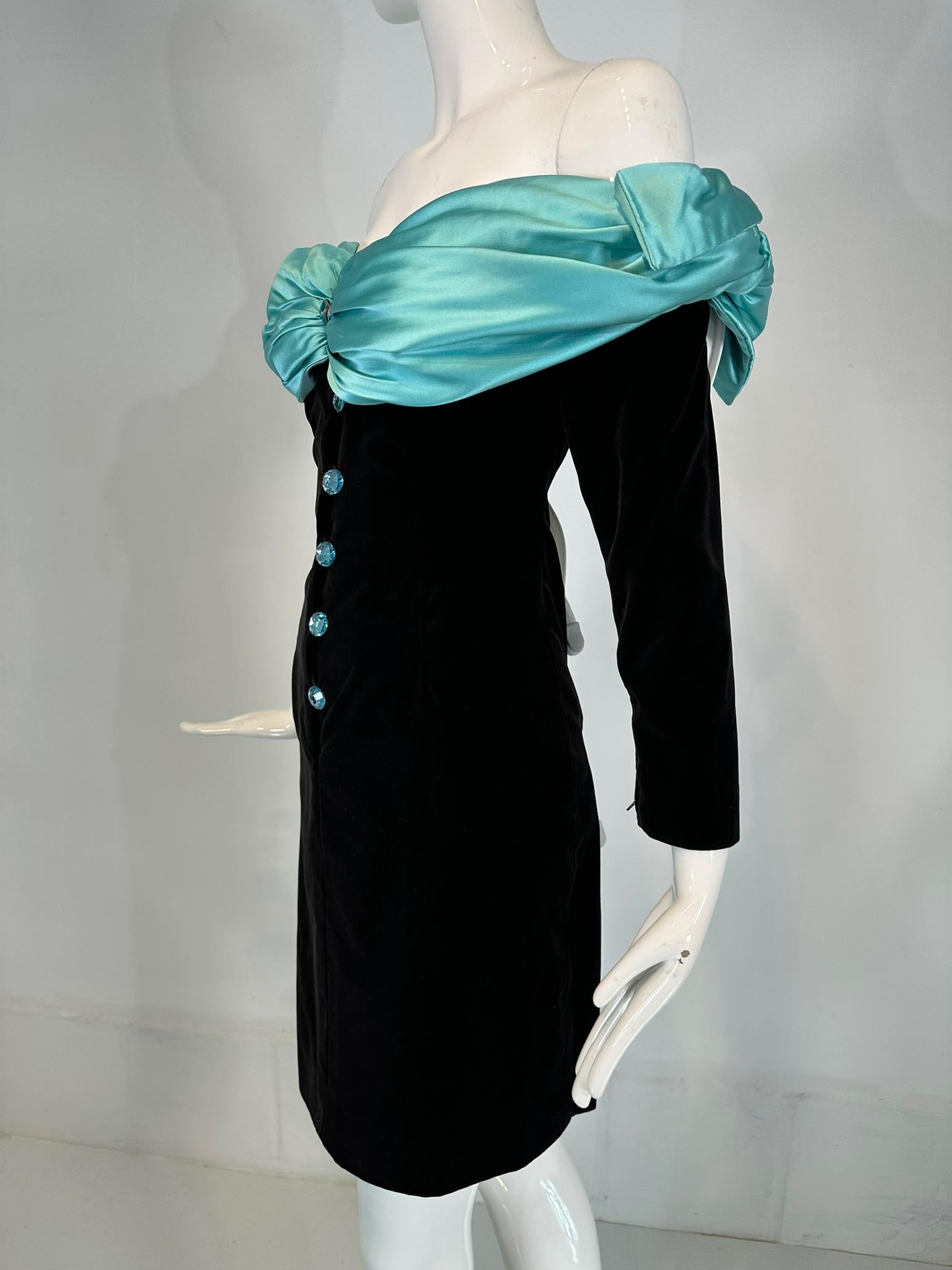 Yves Saint Laurent Black Velvet Turquoise Satin Off the Shoulder Cape Dress 1980 In Good Condition For Sale In West Palm Beach, FL