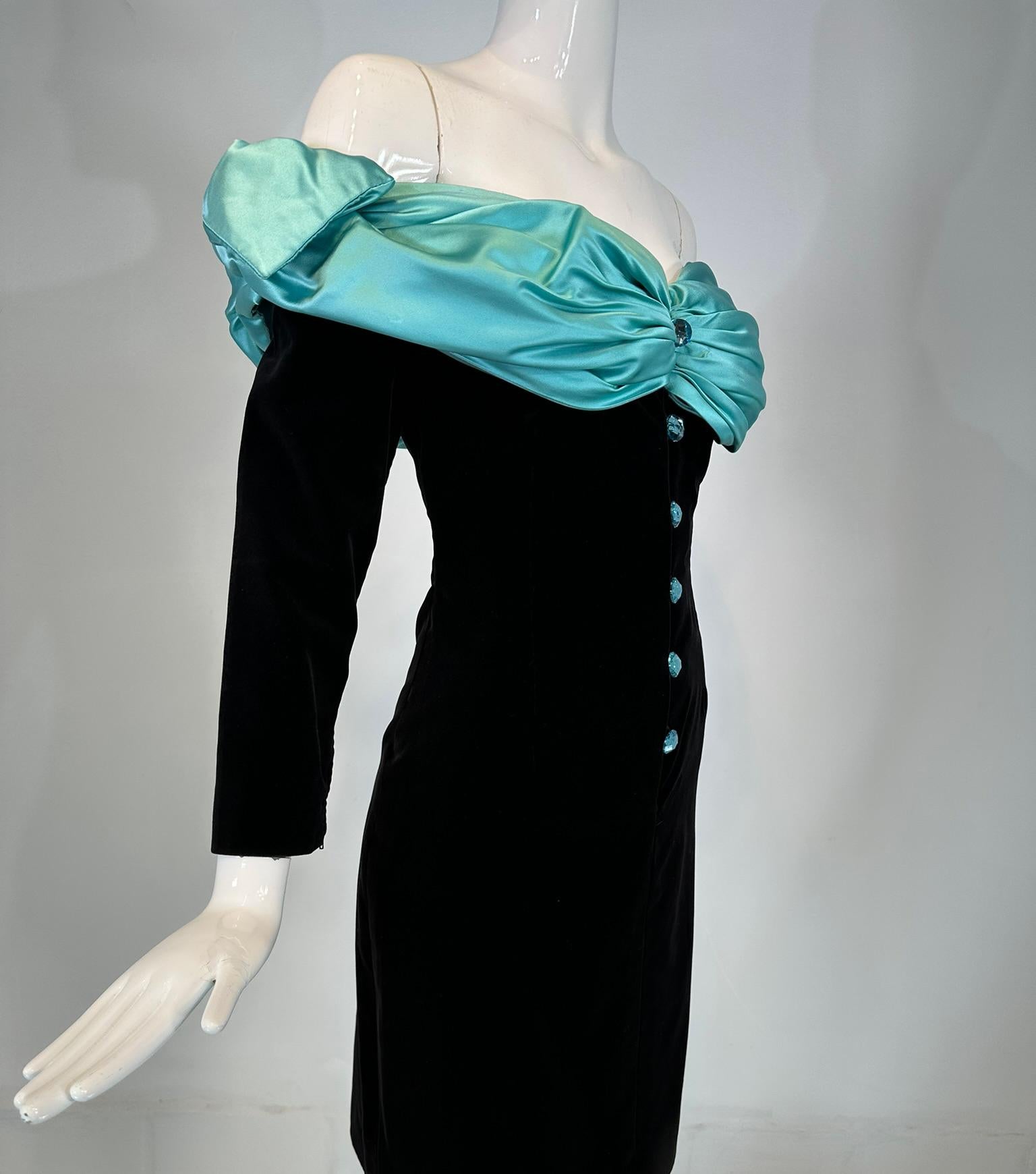 Women's Yves Saint Laurent Black Velvet Turquoise Satin Off the Shoulder Cape Dress 1980 For Sale