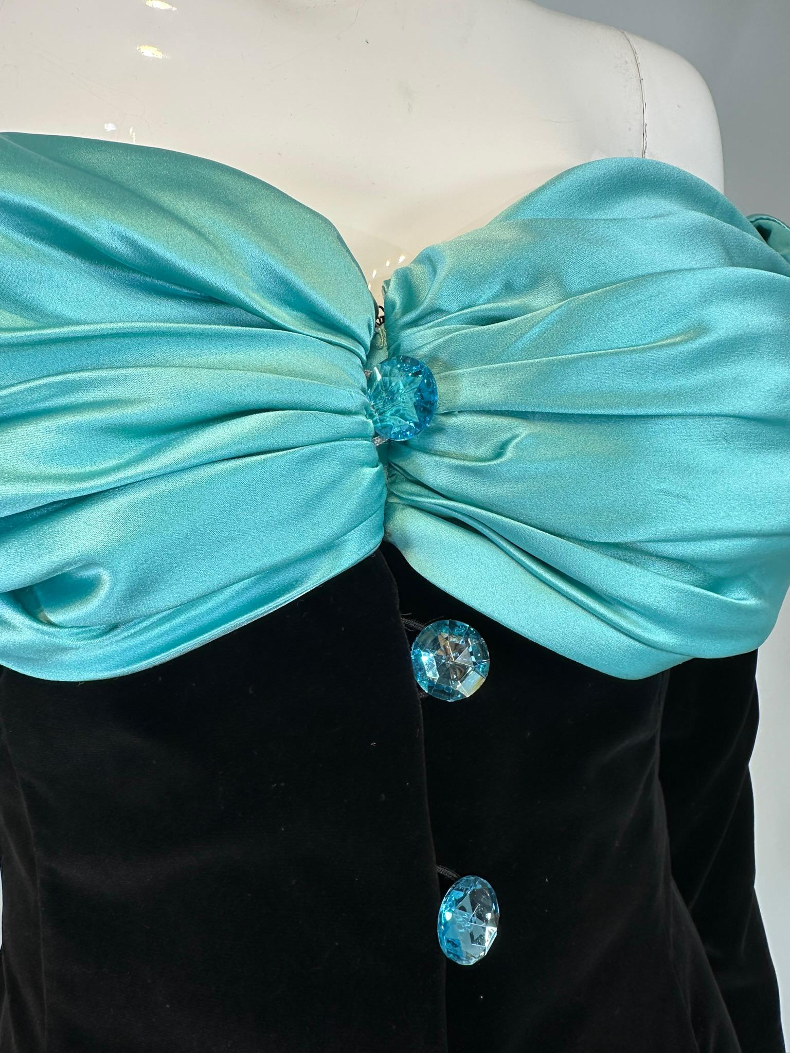 Yves Saint Laurent Black Velvet Turquoise Satin Off the Shoulder Cape Dress 1980 For Sale 1