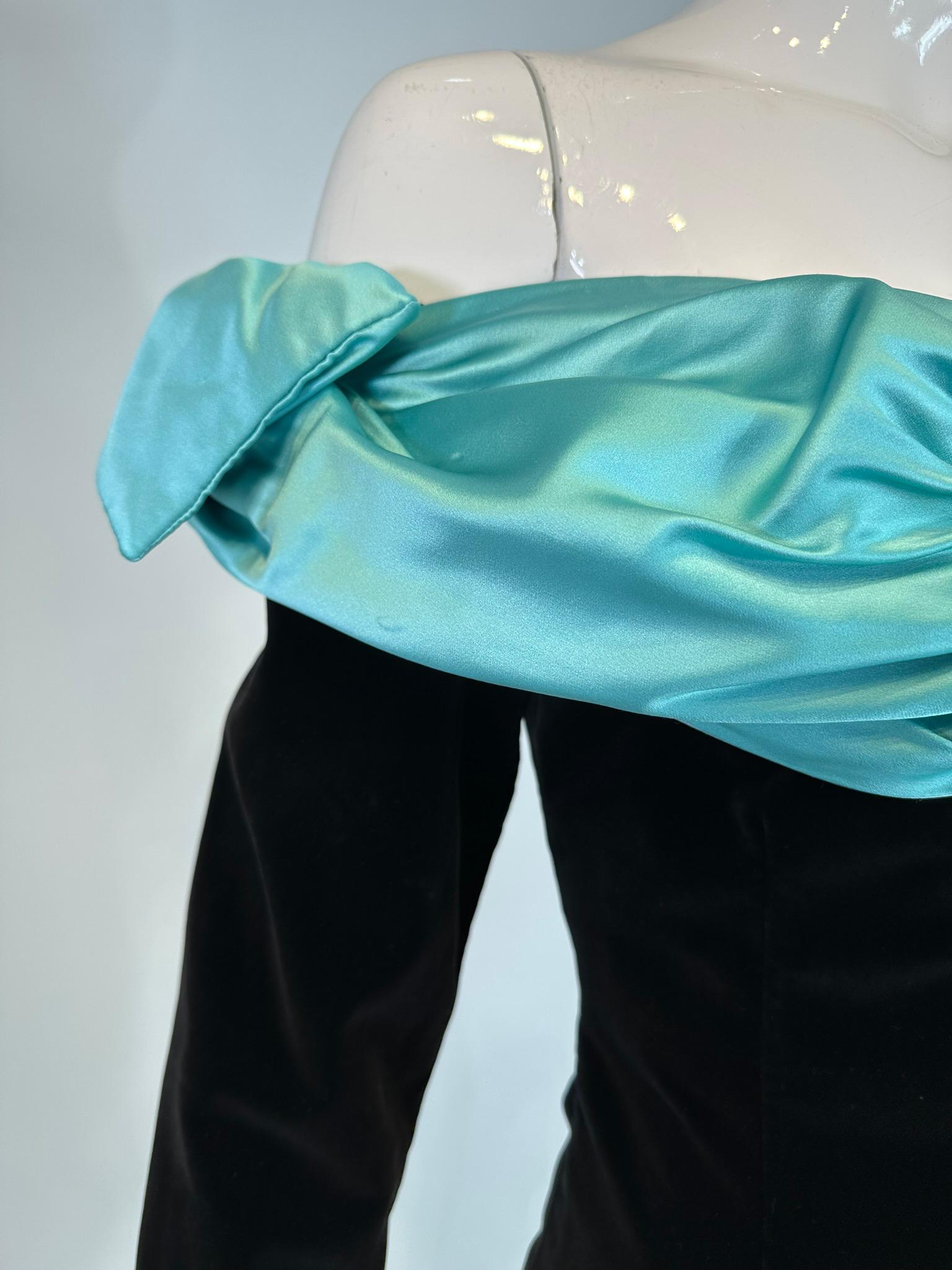 Yves Saint Laurent Black Velvet Turquoise Satin Off the Shoulder Cape Dress 1980 For Sale 2
