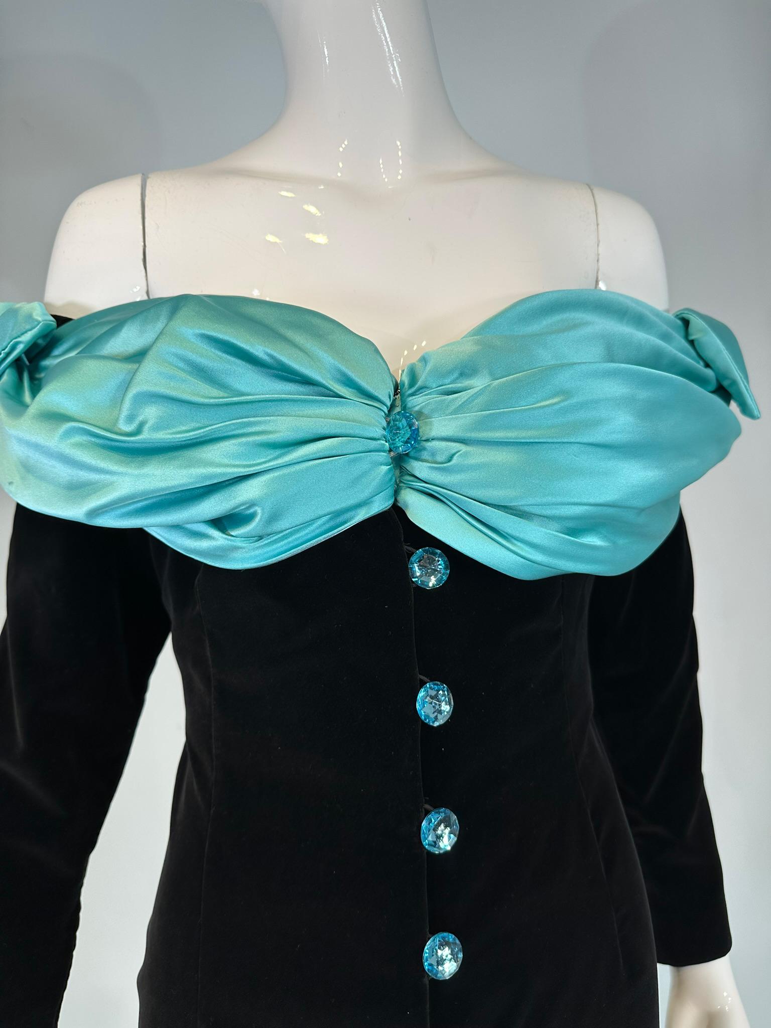 Yves Saint Laurent Black Velvet Turquoise Satin Off the Shoulder Cape Dress 1980 For Sale 3