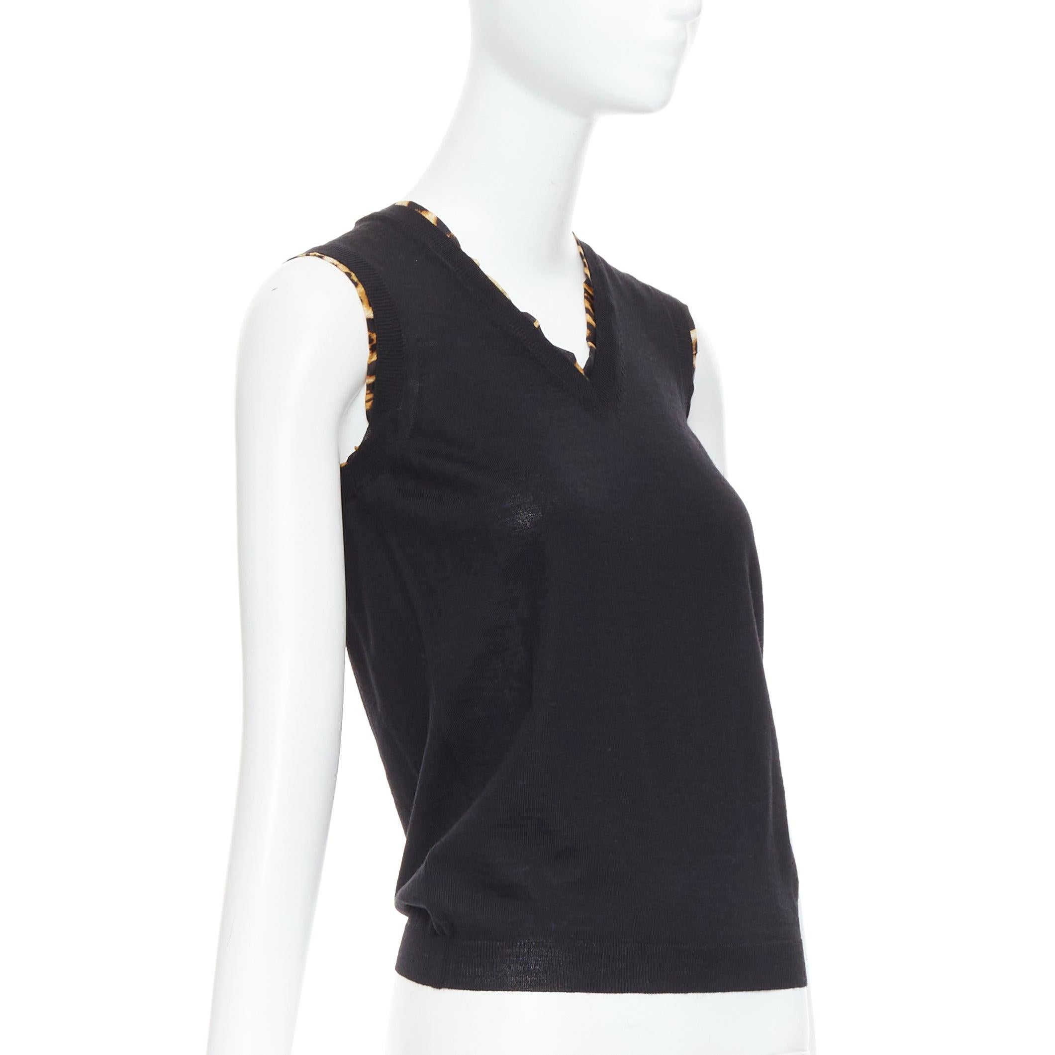 Black YVES SAINT LAURENT black virgin wool leopard silk trim sweater vest S For Sale