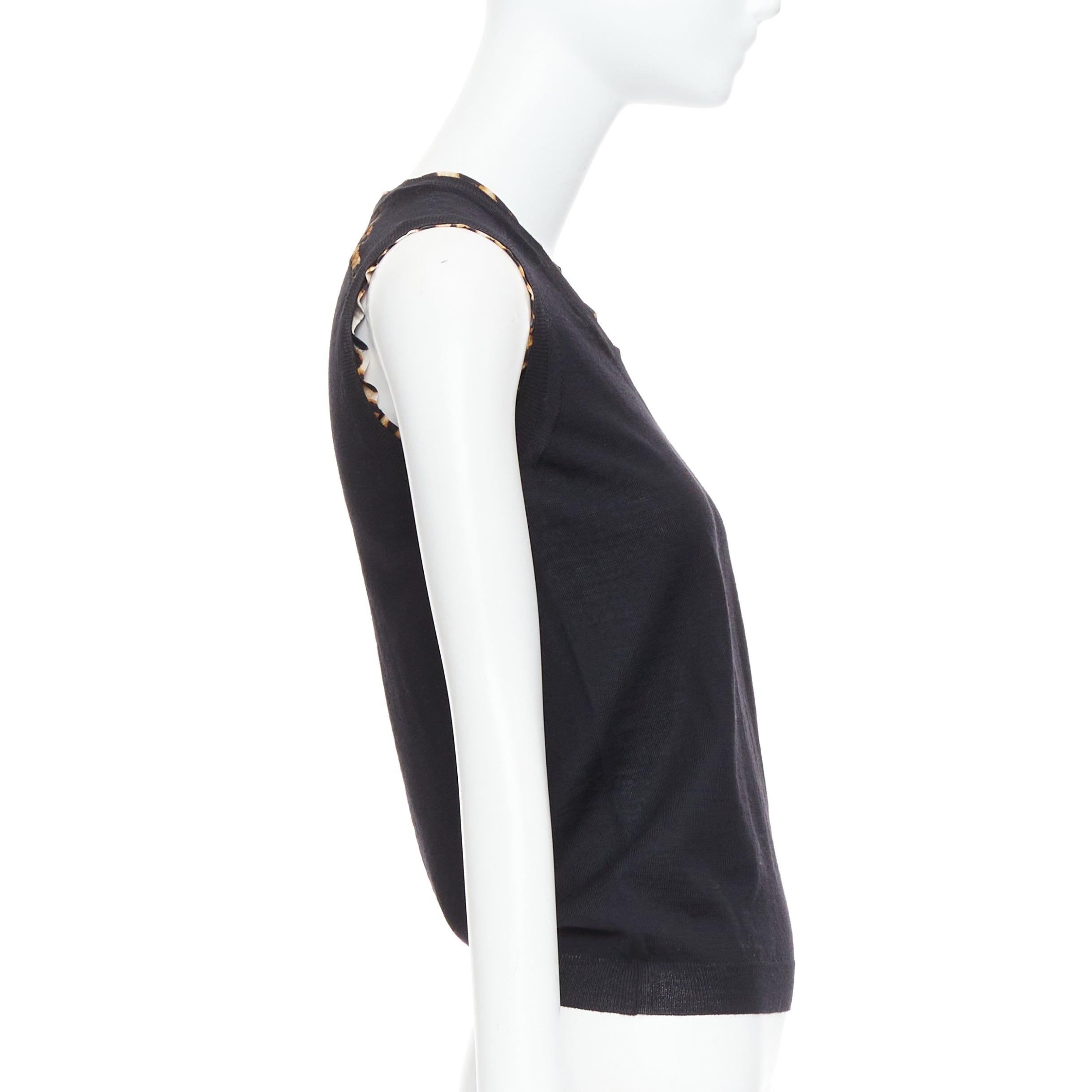 Women's YVES SAINT LAURENT black virgin wool leopard silk trim sweater vest S For Sale