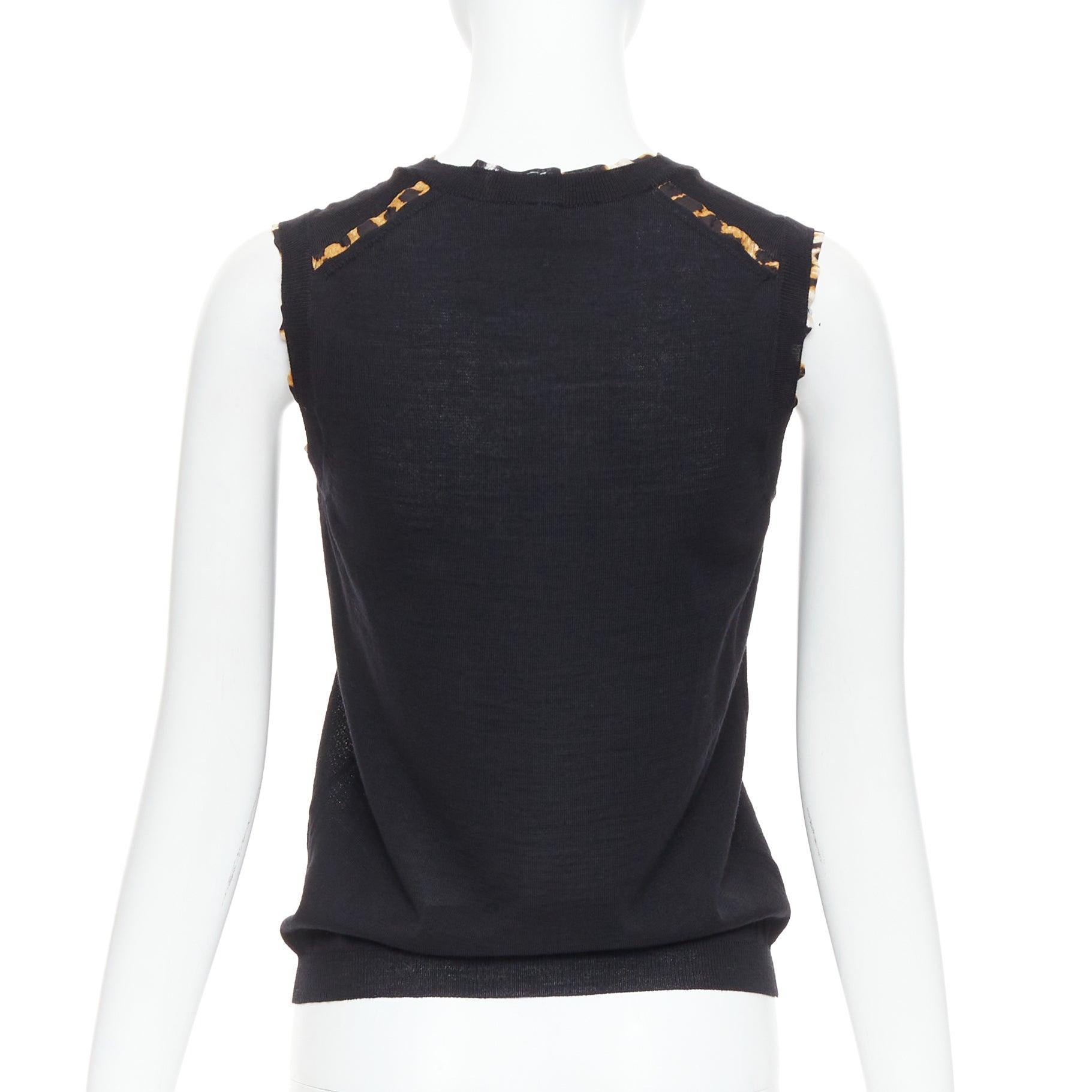 YVES SAINT LAURENT black virgin wool leopard silk trim sweater vest S For Sale 1
