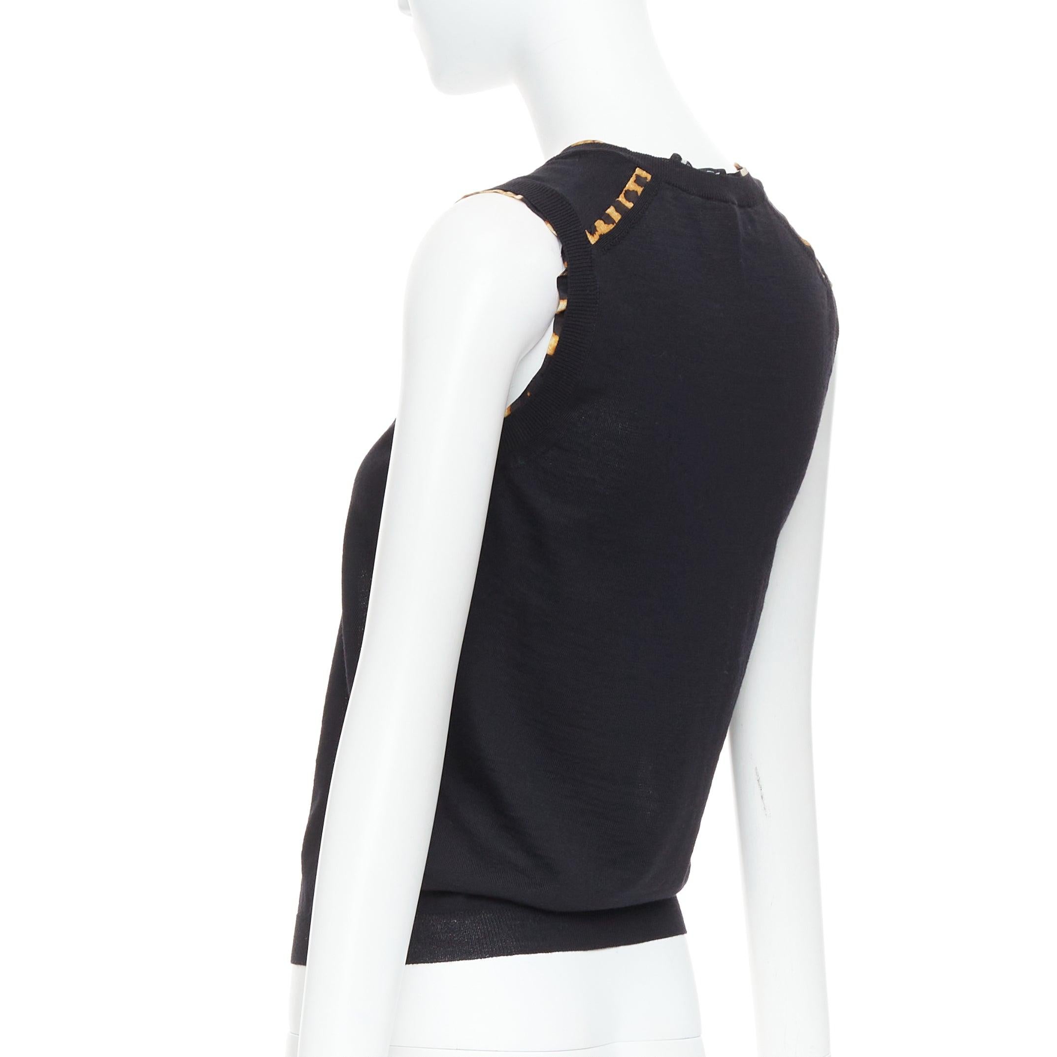 YVES SAINT LAURENT black virgin wool leopard silk trim sweater vest S For Sale 2