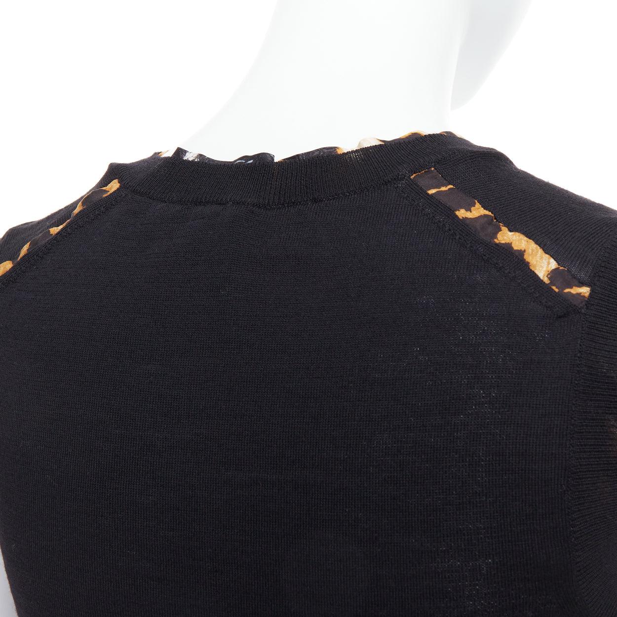 YVES SAINT LAURENT black virgin wool leopard silk trim sweater vest S For Sale 3