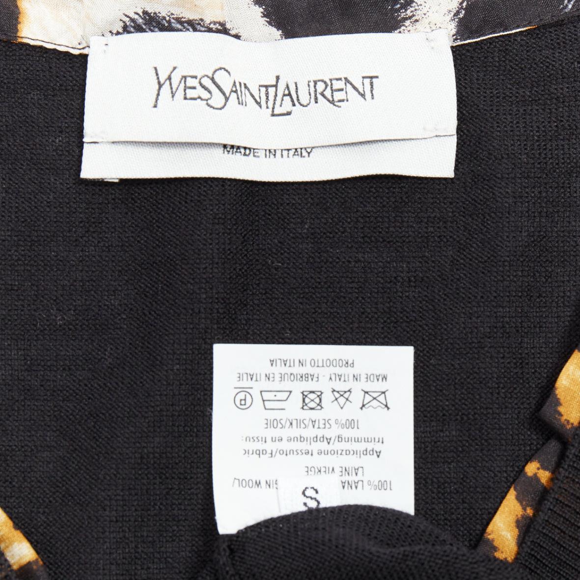 YVES SAINT LAURENT black virgin wool leopard silk trim sweater vest S For Sale 4