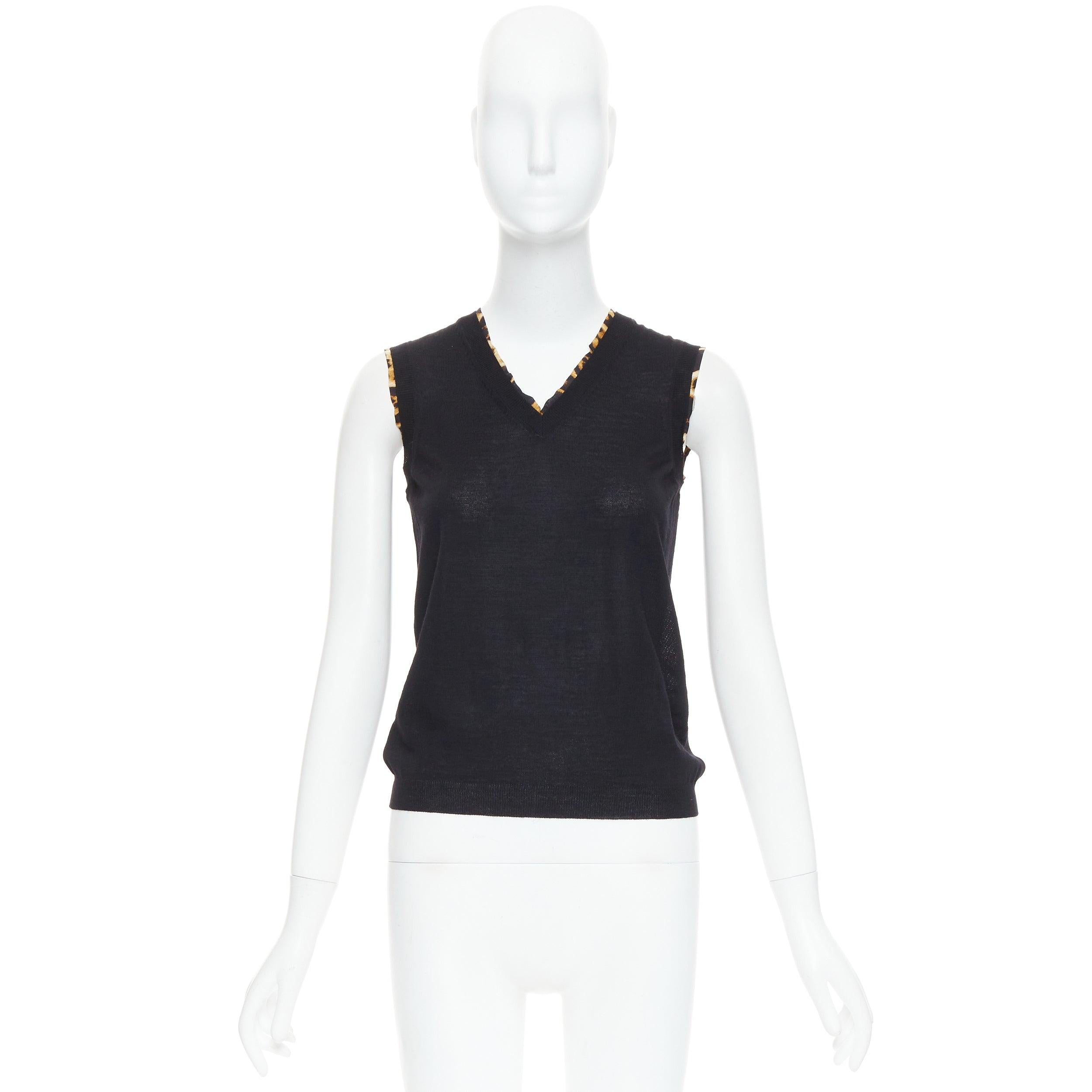 YVES SAINT LAURENT black virgin wool leopard silk trim sweater vest S For Sale 5