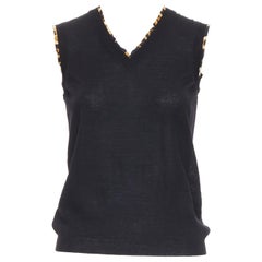 YVES SAINT LAURENT chaleco jersey con ribete de seda de leopardo y lana virgen negra S