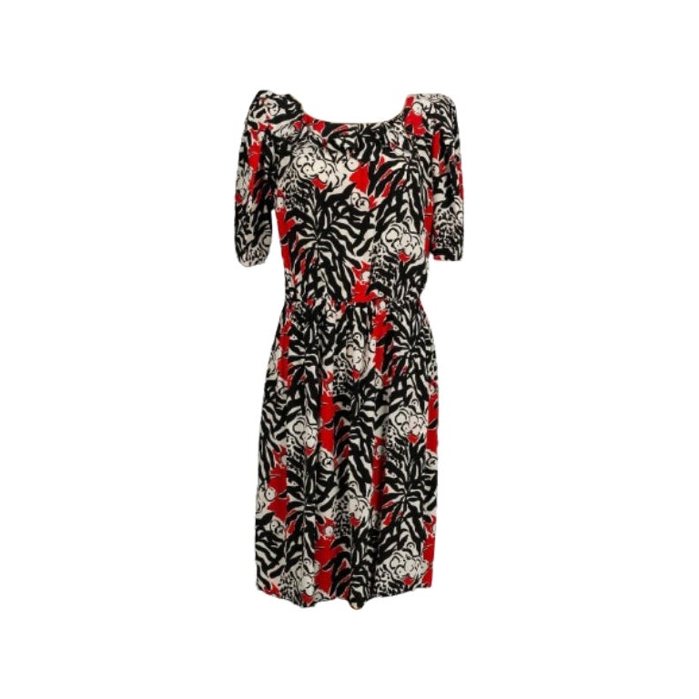 Yves Saint Laurent Vestido de seda negro, blanco y rojo