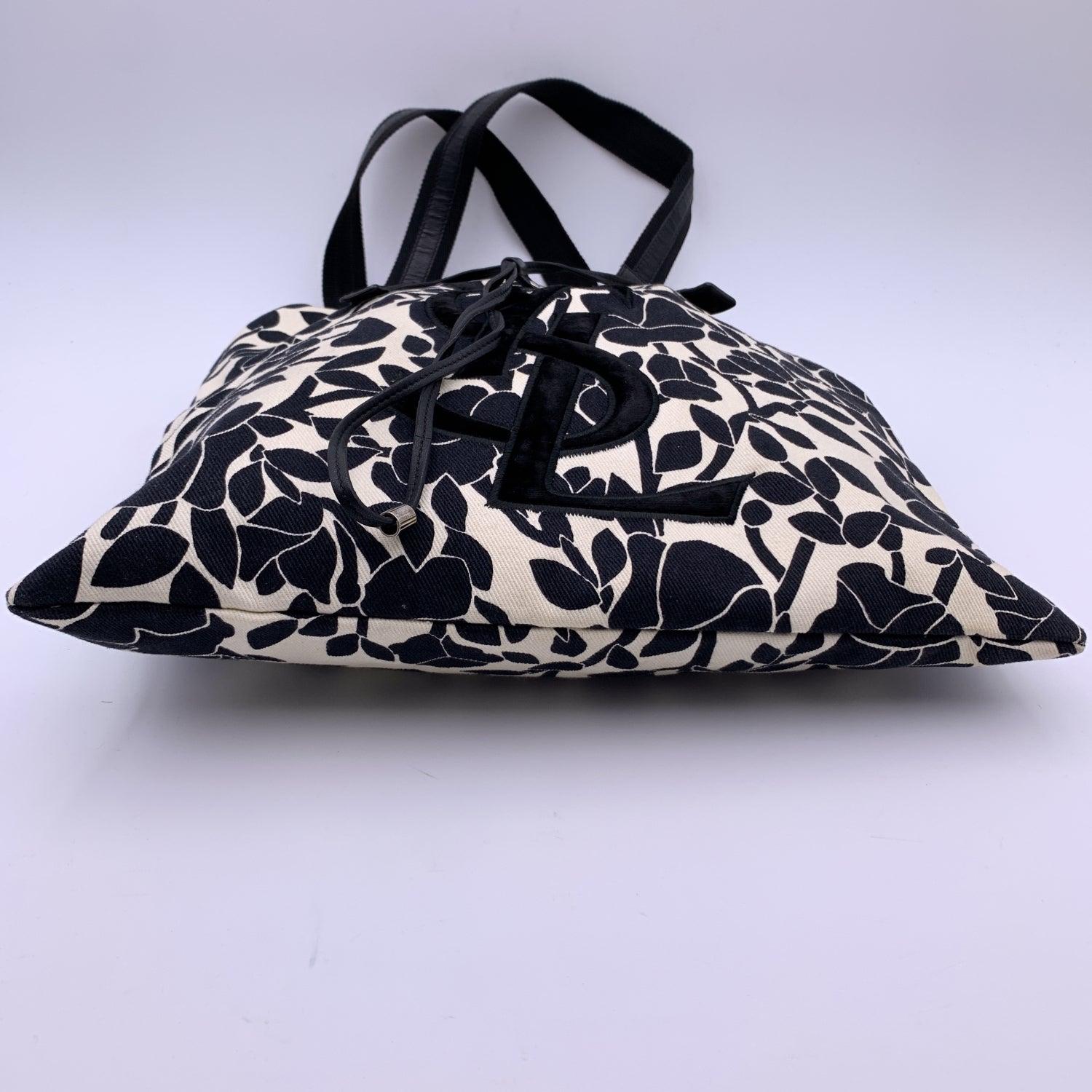 Women's Yves Saint Laurent Black White Canvas Logo Kahala Tote Shopping Bag