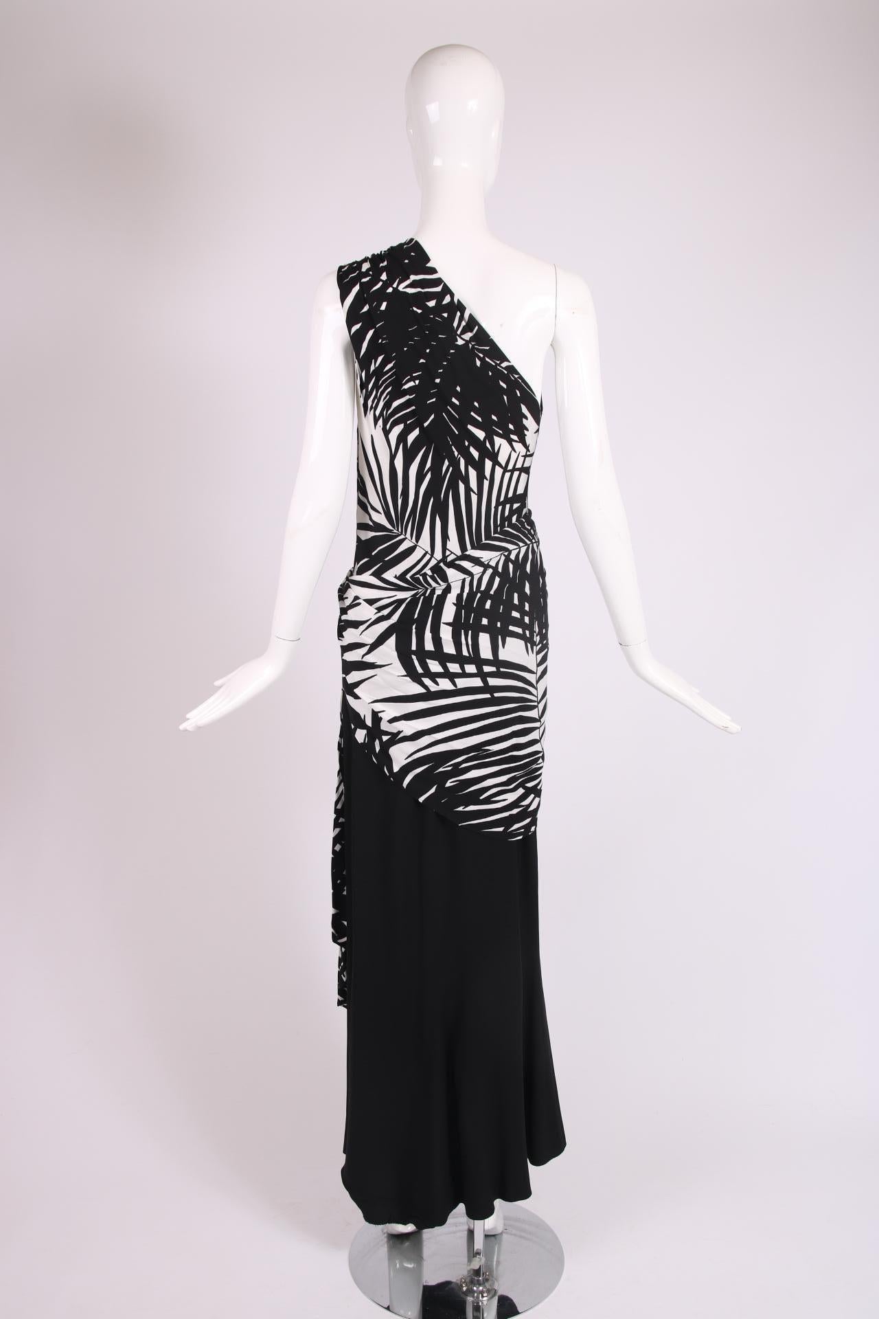 Yves Saint Laurent Black & White Leaf Print Single Shoulder Gown In Excellent Condition In Studio City, CA