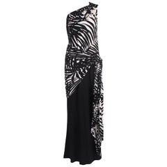Yves Saint Laurent Black & White Leaf Print Single Shoulder Gown