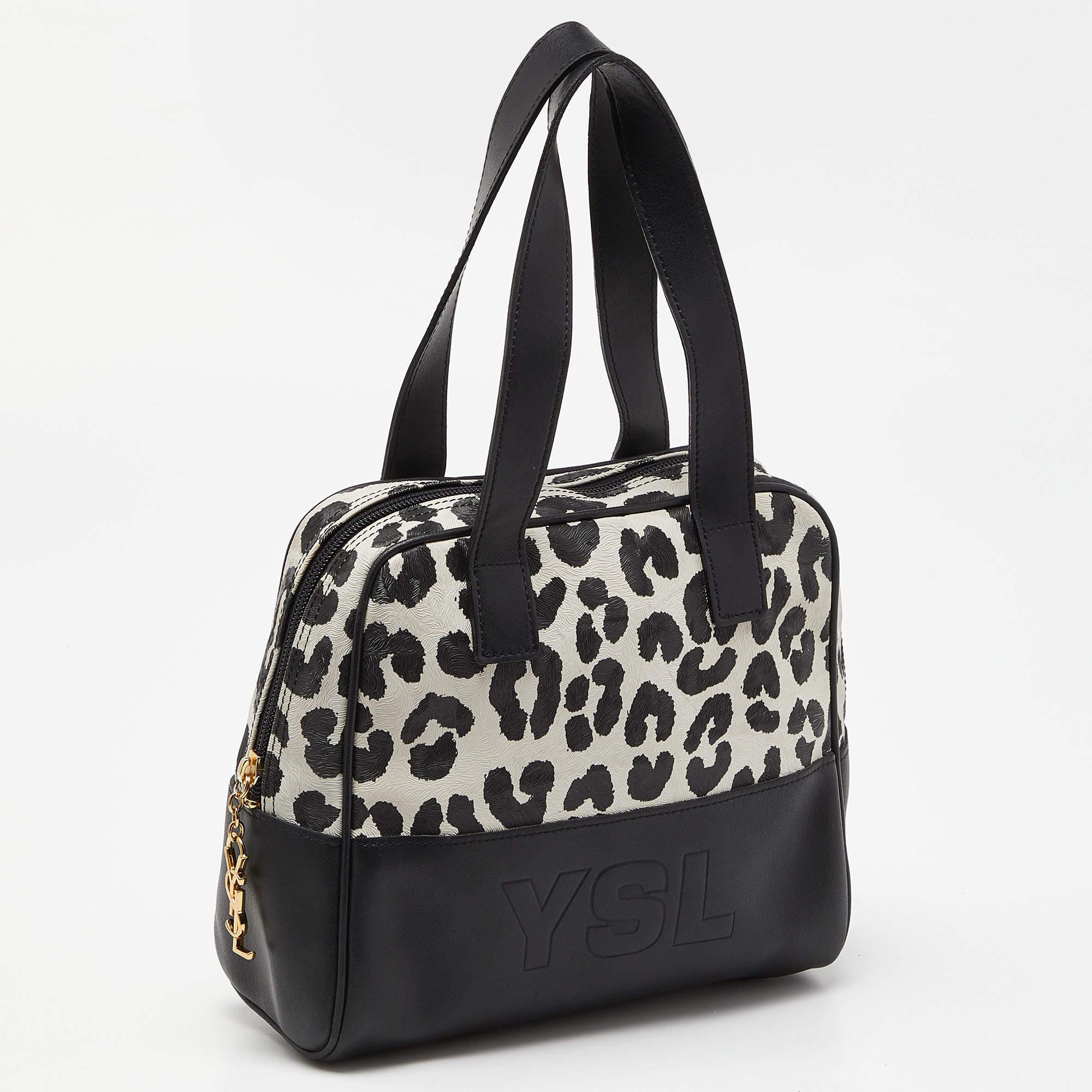 Yves Saint Laurent Black/White Leopard Print Coated Canvas and Leather Satchel For Sale 6