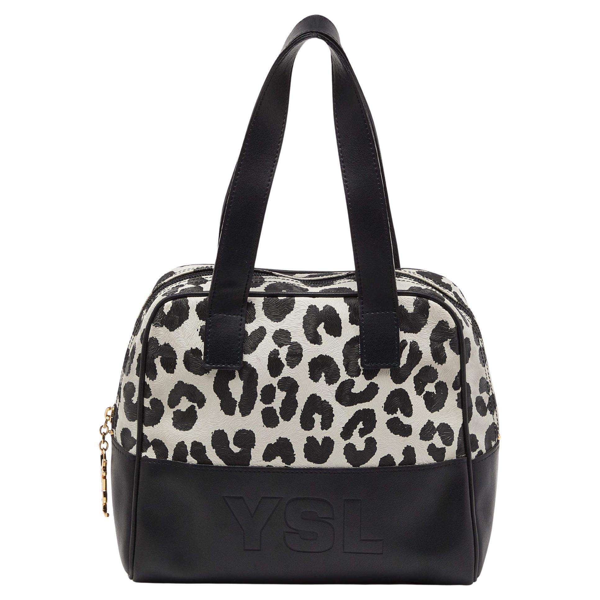 Yves Saint Laurent Black/White Leopard Print Coated Canvas and Leather Satchel For Sale