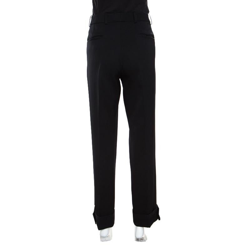 Yves Saint Laurent Black Wool Crochet Lace Trim Straight Trousers M In Good Condition In Dubai, Al Qouz 2