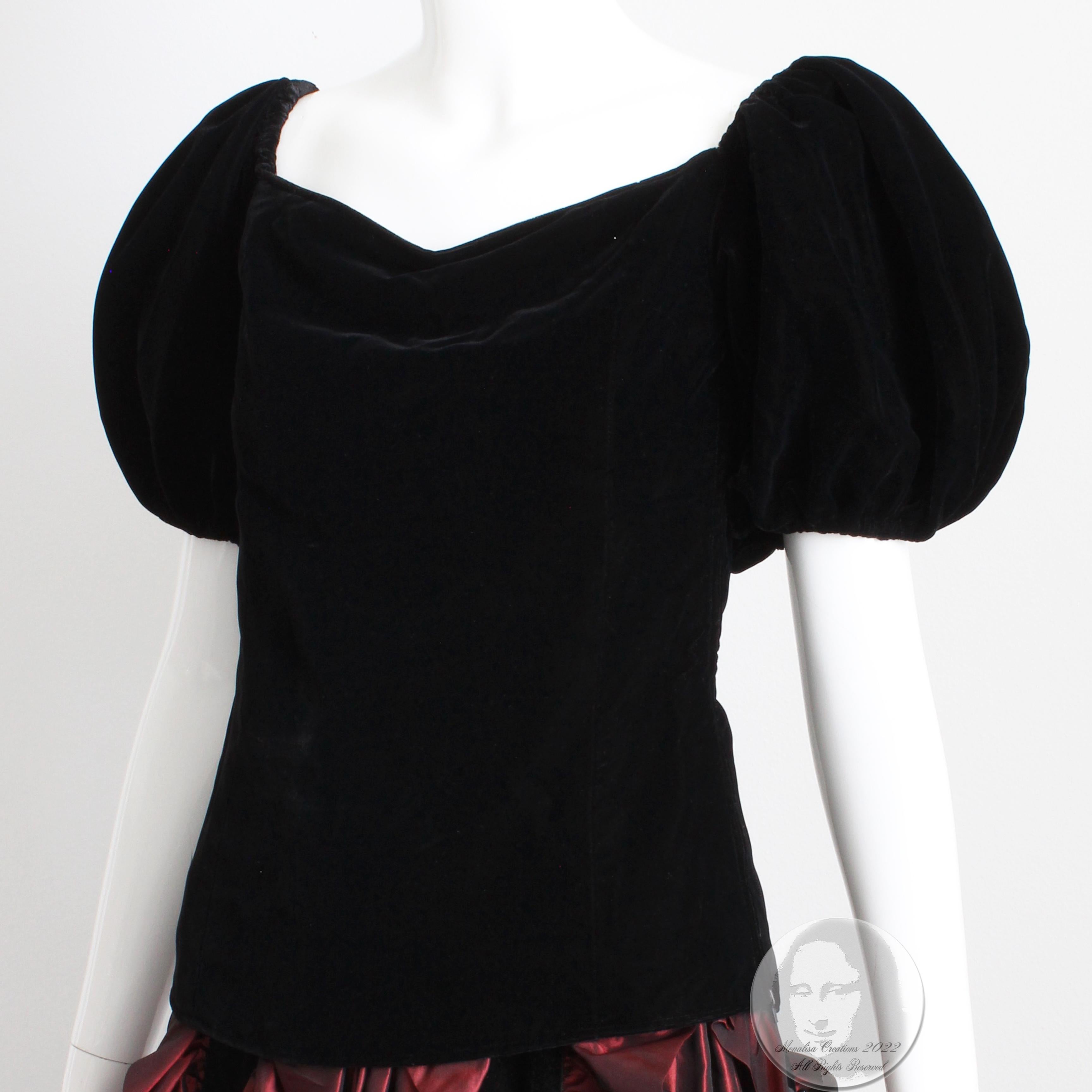 Yves Saint Laurent Blouse Peasant Puffed Sleeve Black Velvet Formal Vintage 38 For Sale 2