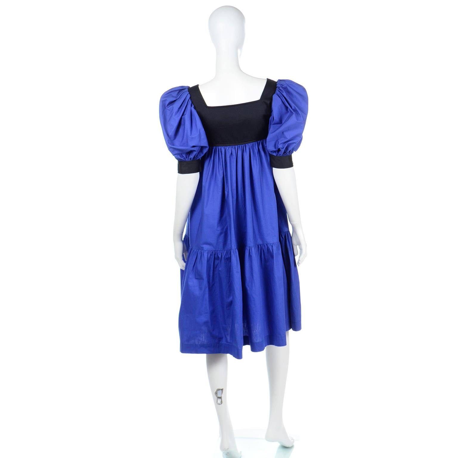 Yves Saint Laurent Blue & Black Cotton Poplin Peasant Style Dress W Puff Sleeves In Excellent Condition For Sale In Portland, OR