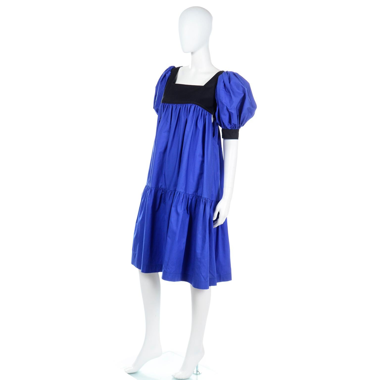 Women's Yves Saint Laurent Blue & Black Cotton Poplin Peasant Style Dress W Puff Sleeves For Sale