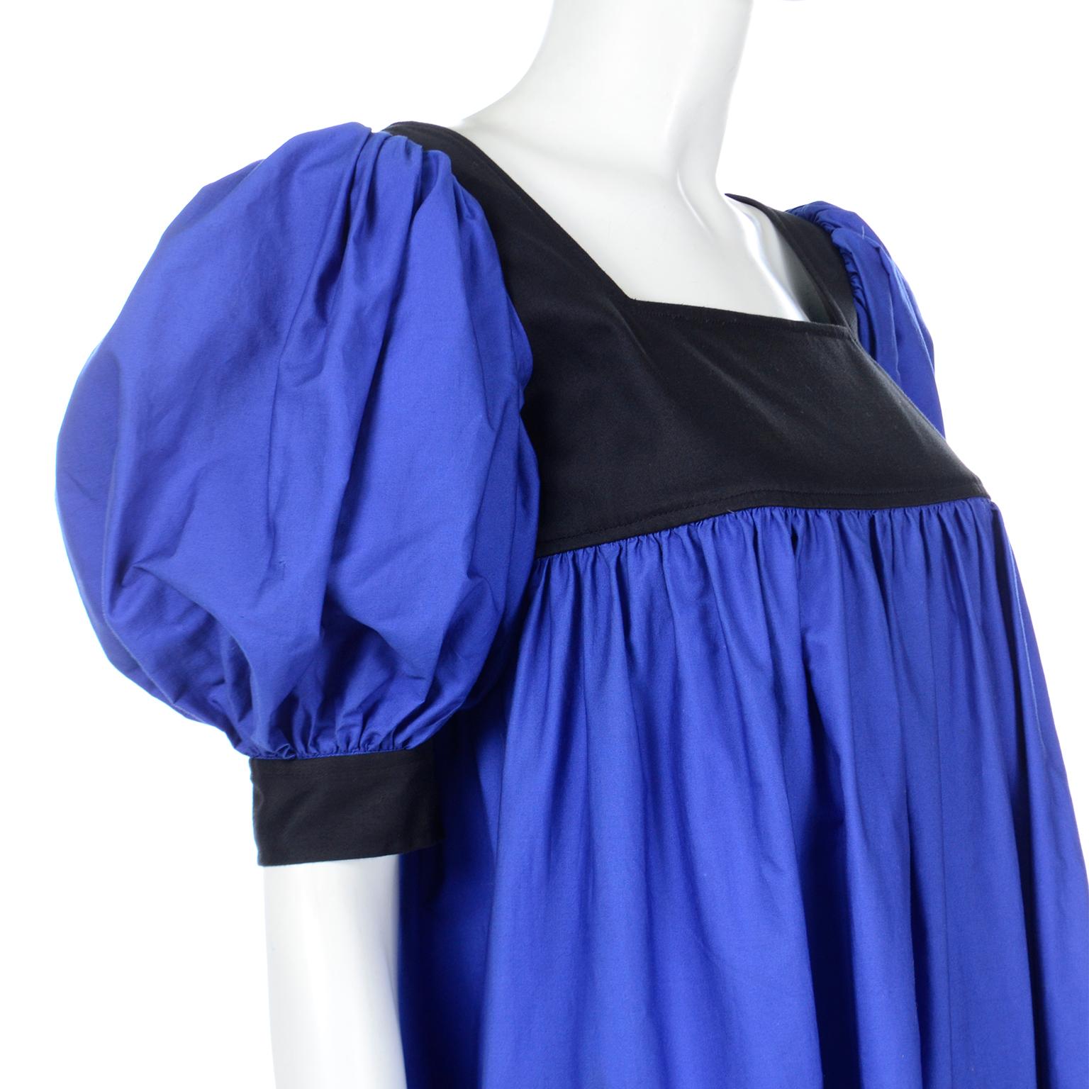 Yves Saint Laurent Blue & Black Cotton Poplin Peasant Style Dress W Puff Sleeves For Sale 1