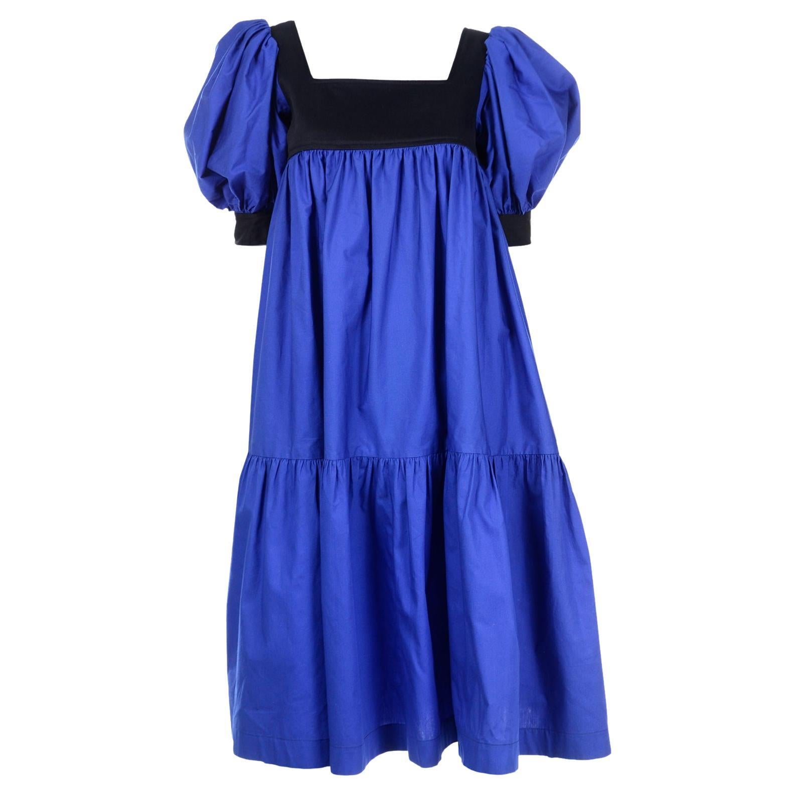 Yves Saint Laurent Blue & Black Cotton Poplin Peasant Style Dress W Puff Sleeves For Sale