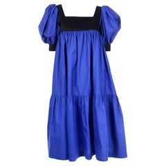Yves Saint Laurent Blue & Black Cotton Poplin Peasant Style Dress W Puff Sleeves