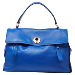 Yves Saint Laurent Blue/Black Leather and Canvas Large Muse Two Top Handle Bag