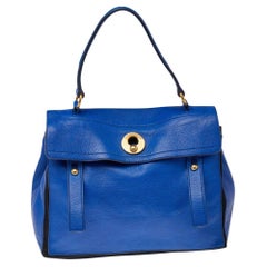 Yves Saint Laurent Blue/Black Leather And Canvas Muse Two Top Handle Bag