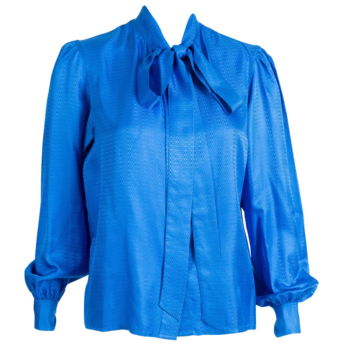 Yves Saint Laurent Blue Bow Tie Silk Shirt 