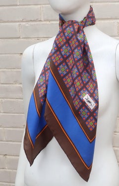 Yves Saint Laurent Blue & Brown Silk Geometric Scarf, 1970's