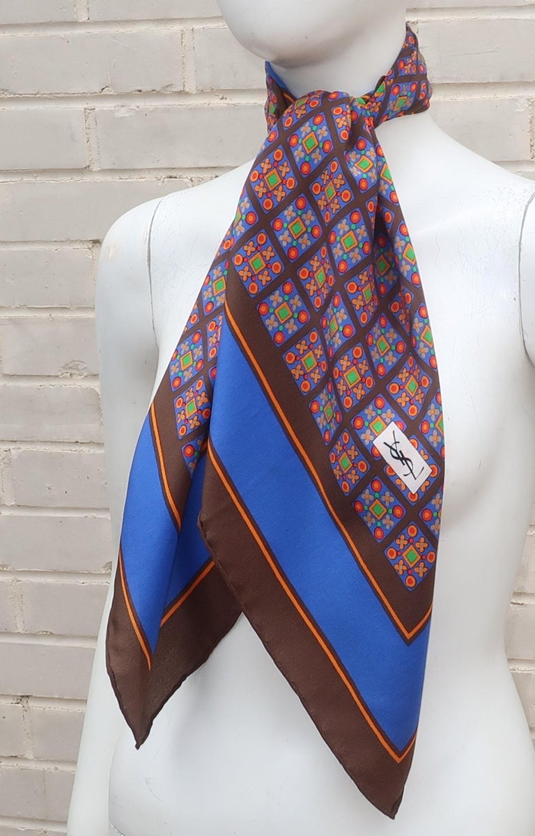 Yves Saint Laurent Blue and Brown Silk Geometric Scarf, 1970's at 1stDibs