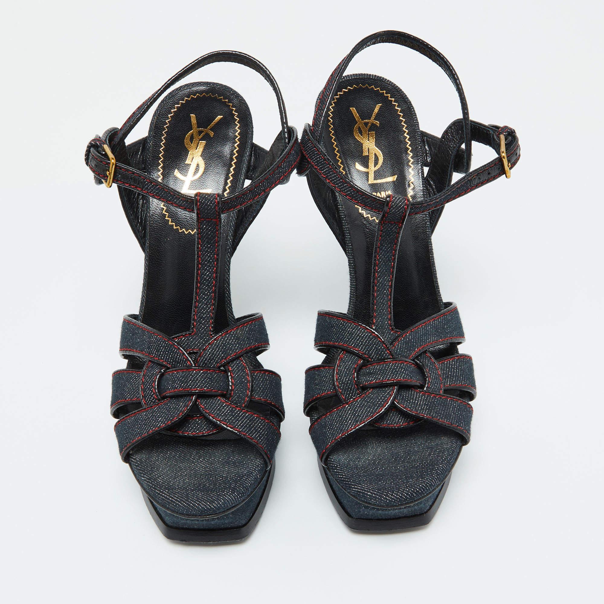 Black Yves Saint Laurent Blue Denim and Leather Platform Sandals Size 38.5