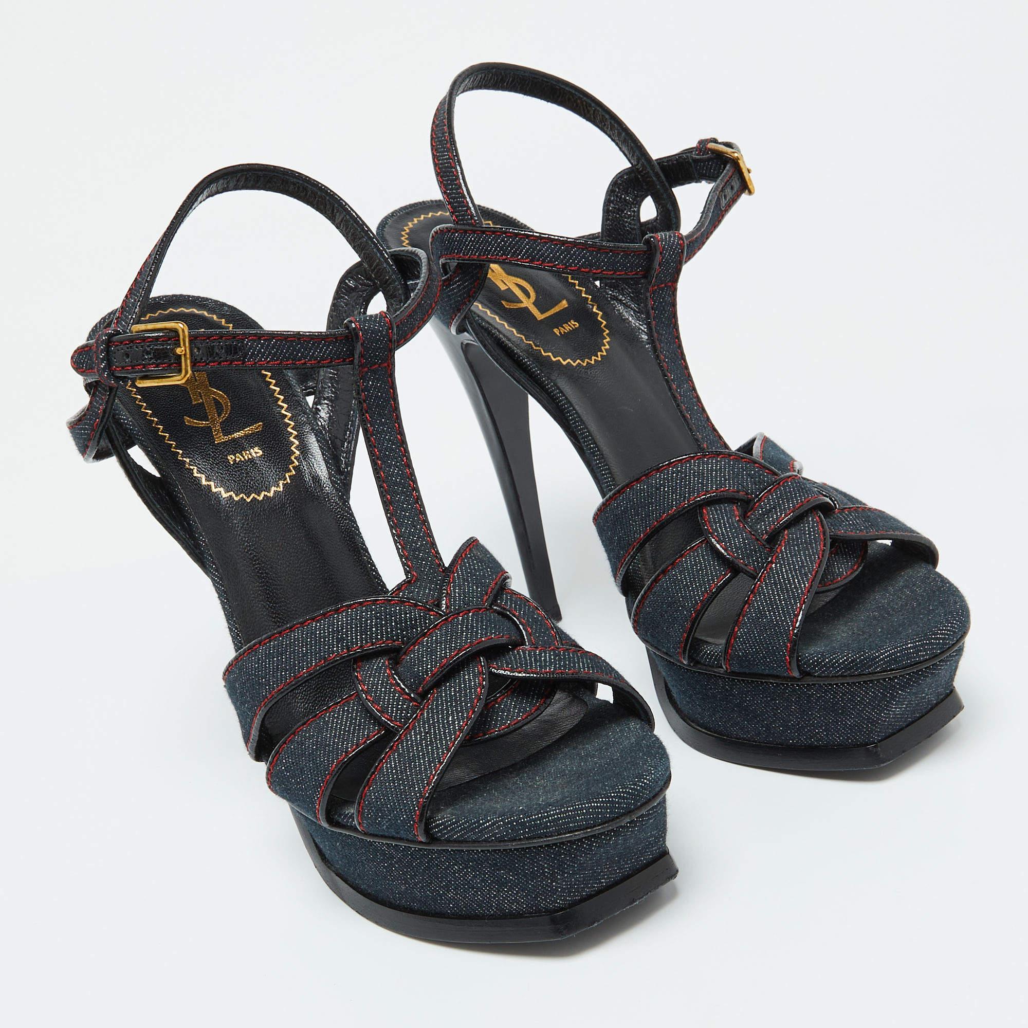 Yves Saint Laurent Blue Denim and Leather Platform Sandals Size 38.5 In Good Condition In Dubai, Al Qouz 2