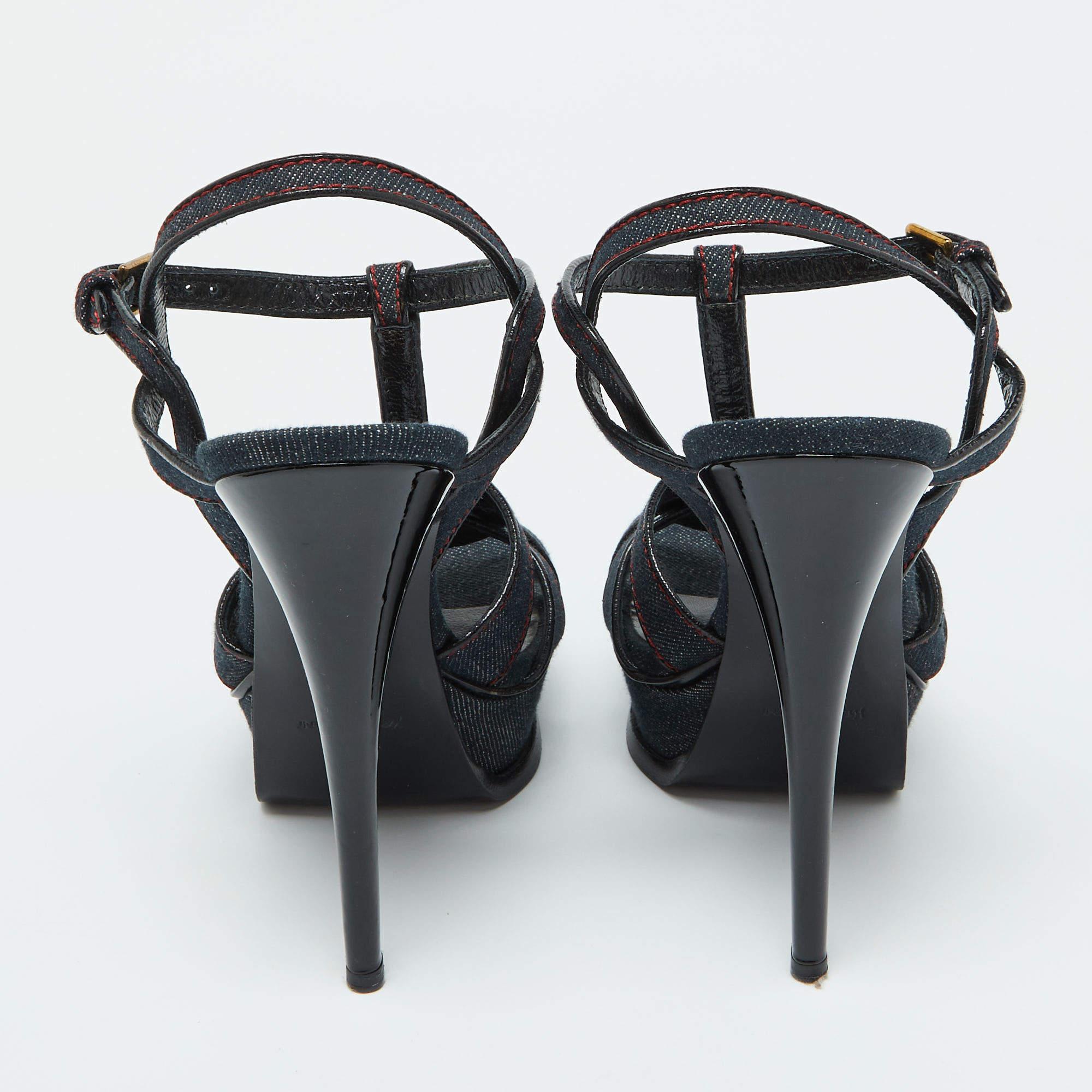 Women's Yves Saint Laurent Blue Denim and Leather Platform Sandals Size 38.5