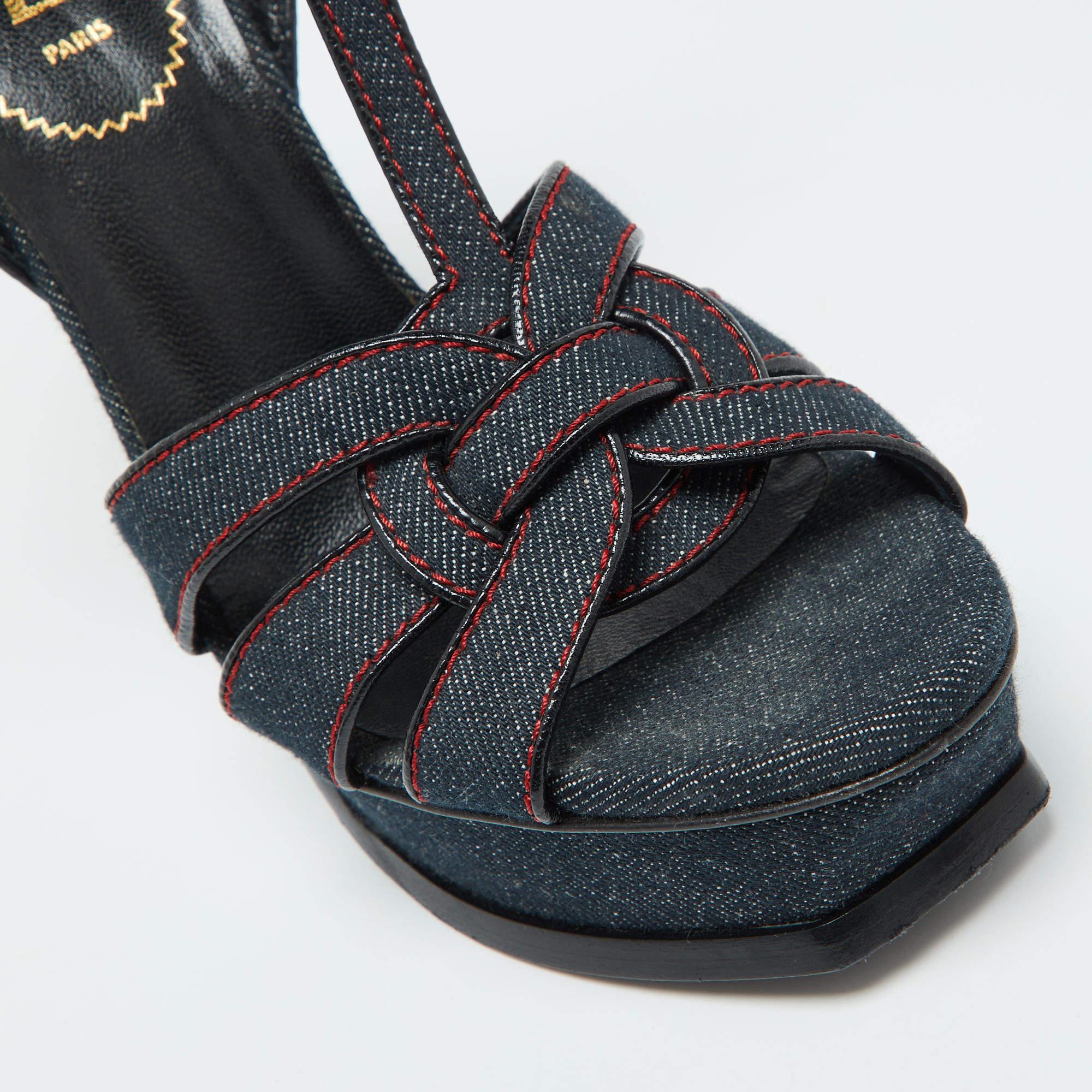 Yves Saint Laurent Blue Denim and Leather Platform Sandals Size 38.5 2