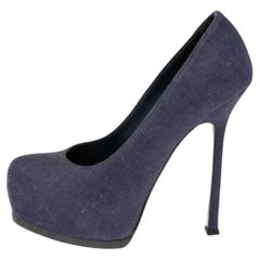 Yves Saint Laurent Blue Denim Fabric Tribtoo Platform Pumps Size 36.5