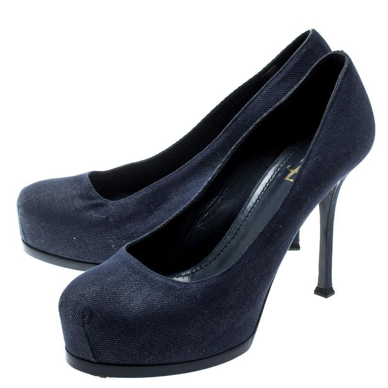 Yves Saint Laurent Blue Denim Fabric Tribtoo Platform Pumps Size 40 In Good Condition For Sale In Dubai, Al Qouz 2