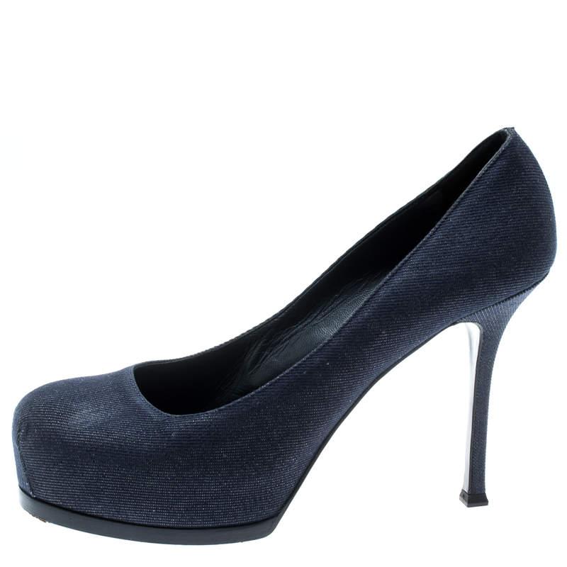 Yves Saint Laurent Blue Denim Fabric Tribtoo Platform Pumps Size 40 For Sale 2