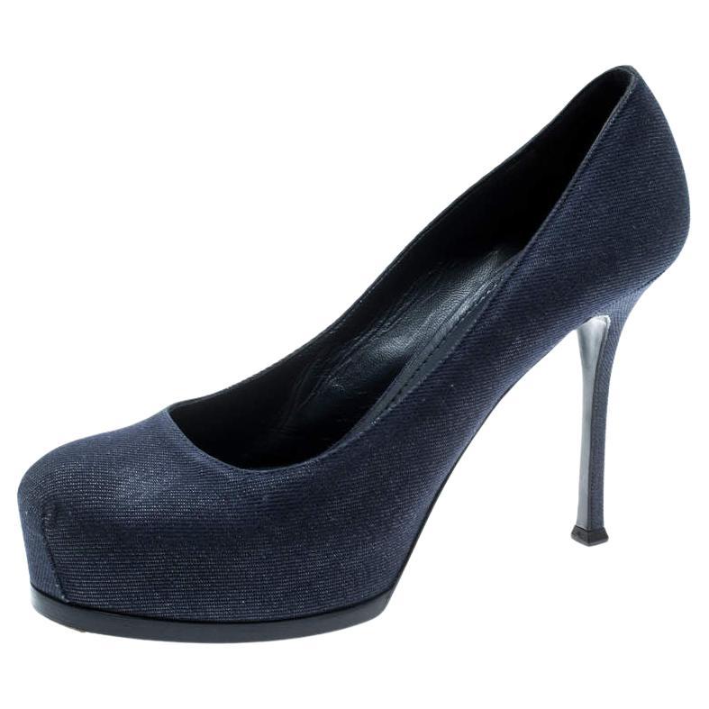 Yves Saint Laurent Blue Denim Fabric Tribtoo Platform Pumps Size 40 For Sale