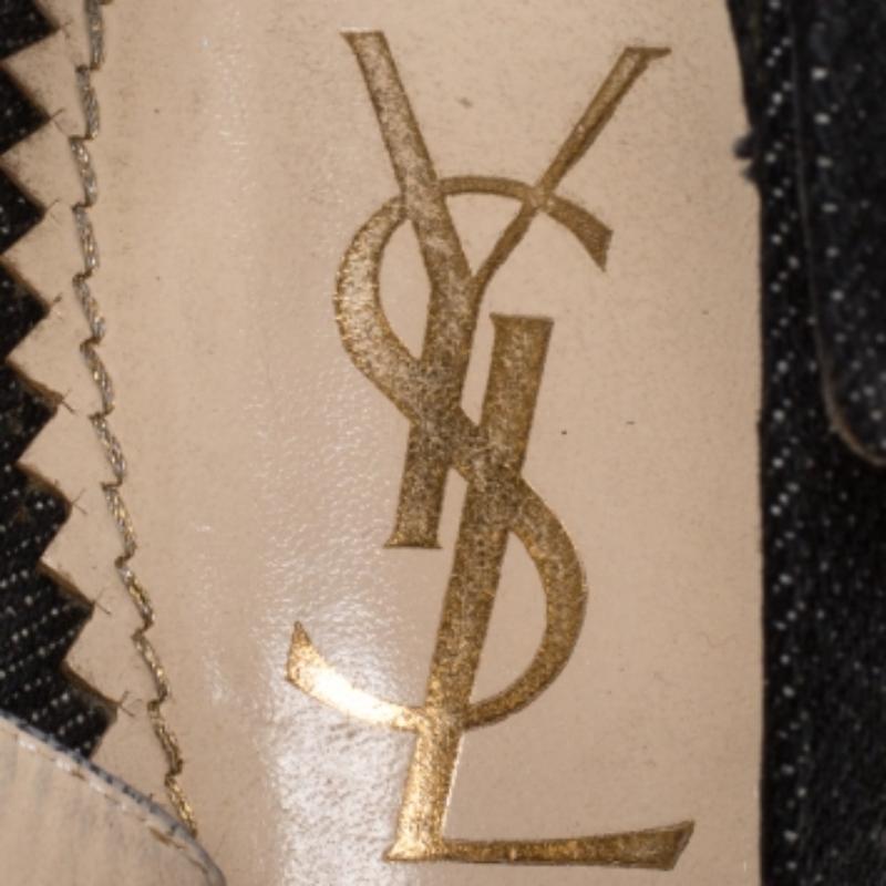Yves Saint Laurent Blau Denim Eidechsenleder Herz Slingback Sandalen Größe 40 im Zustand „Relativ gut“ im Angebot in Dubai, Al Qouz 2
