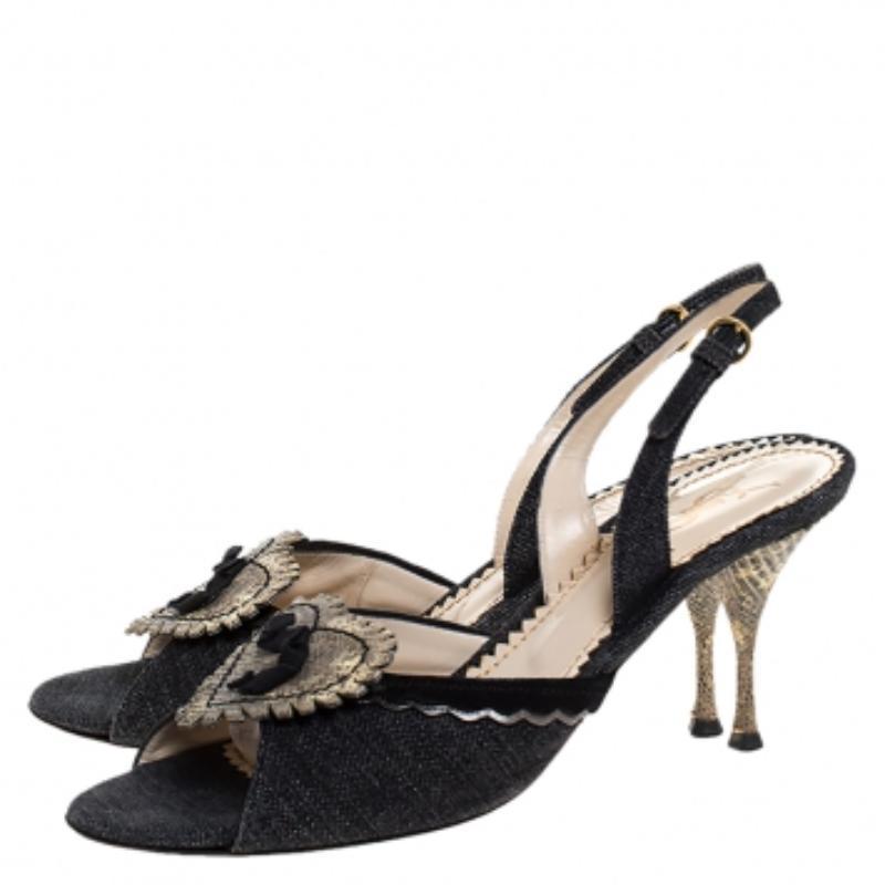 Yves Saint Laurent Blau Denim Eidechsenleder Herz Slingback Sandalen Größe 40 im Angebot 2