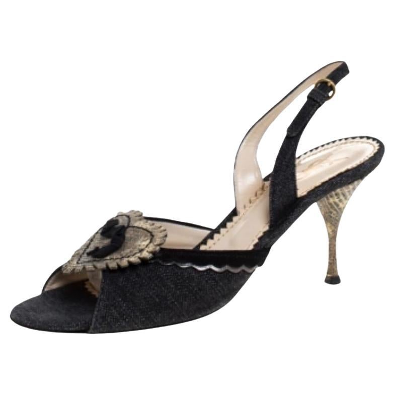 Yves Saint Laurent Blau Denim Eidechsenleder Herz Slingback Sandalen Größe 40 im Angebot