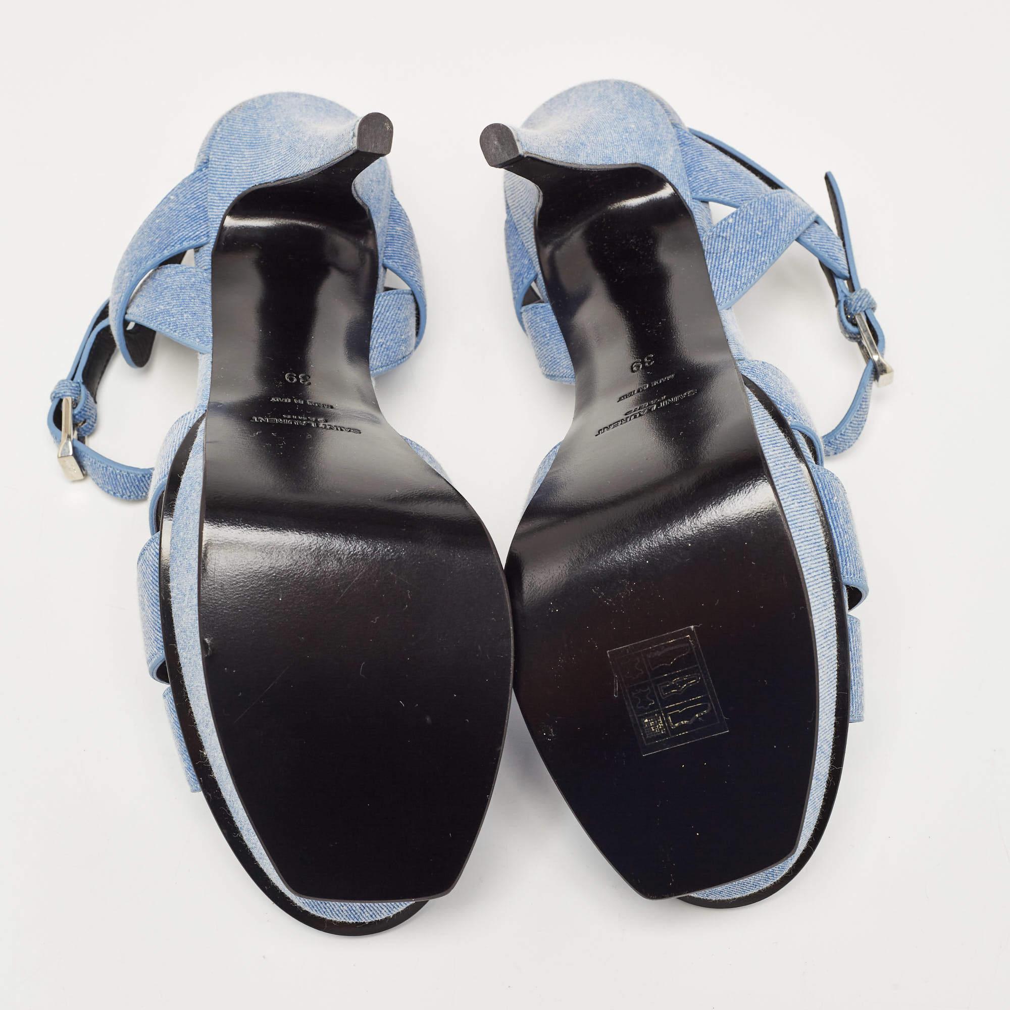 Women's or Men's Yves Saint Laurent Blue Denim Tribute Ankle Strap Sandals Size 39 For Sale