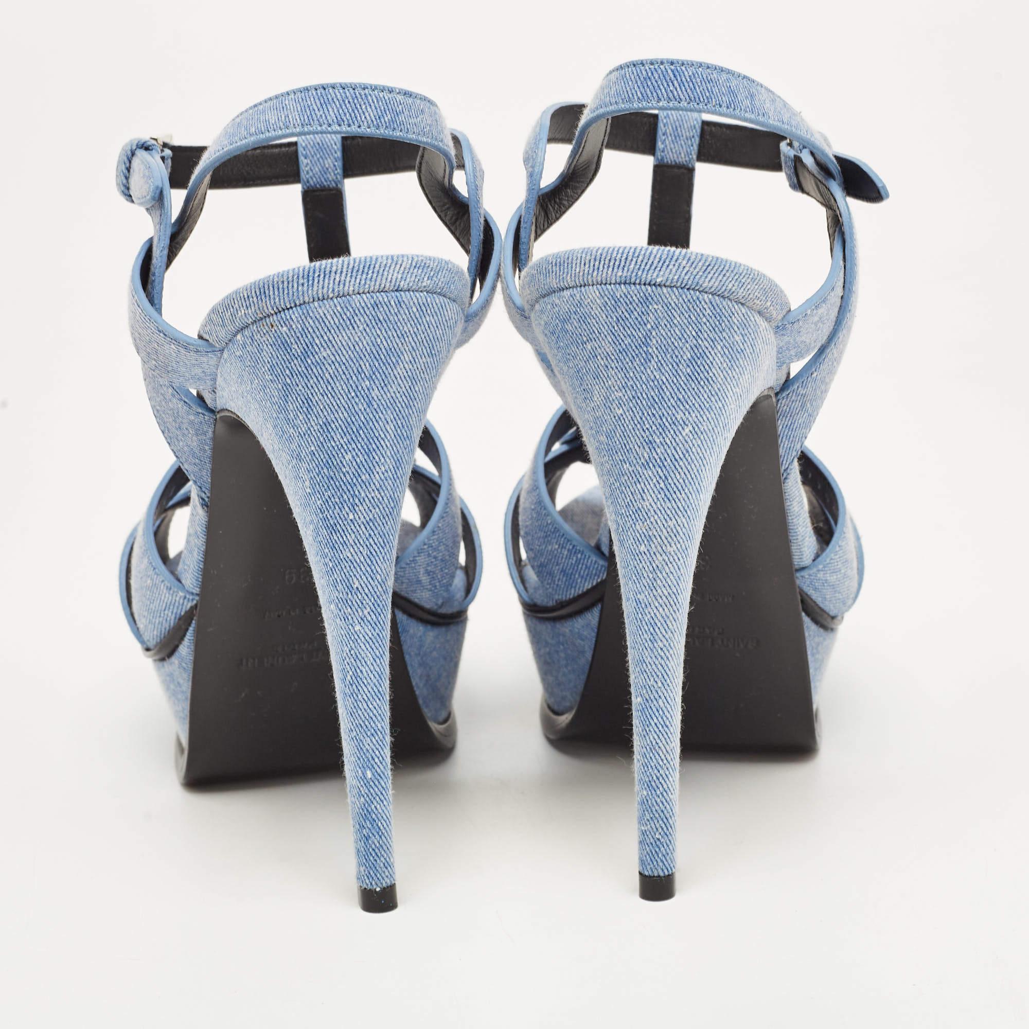 Yves Saint Laurent Blue Denim Tribute Ankle Strap Sandals Size 39 For Sale 2