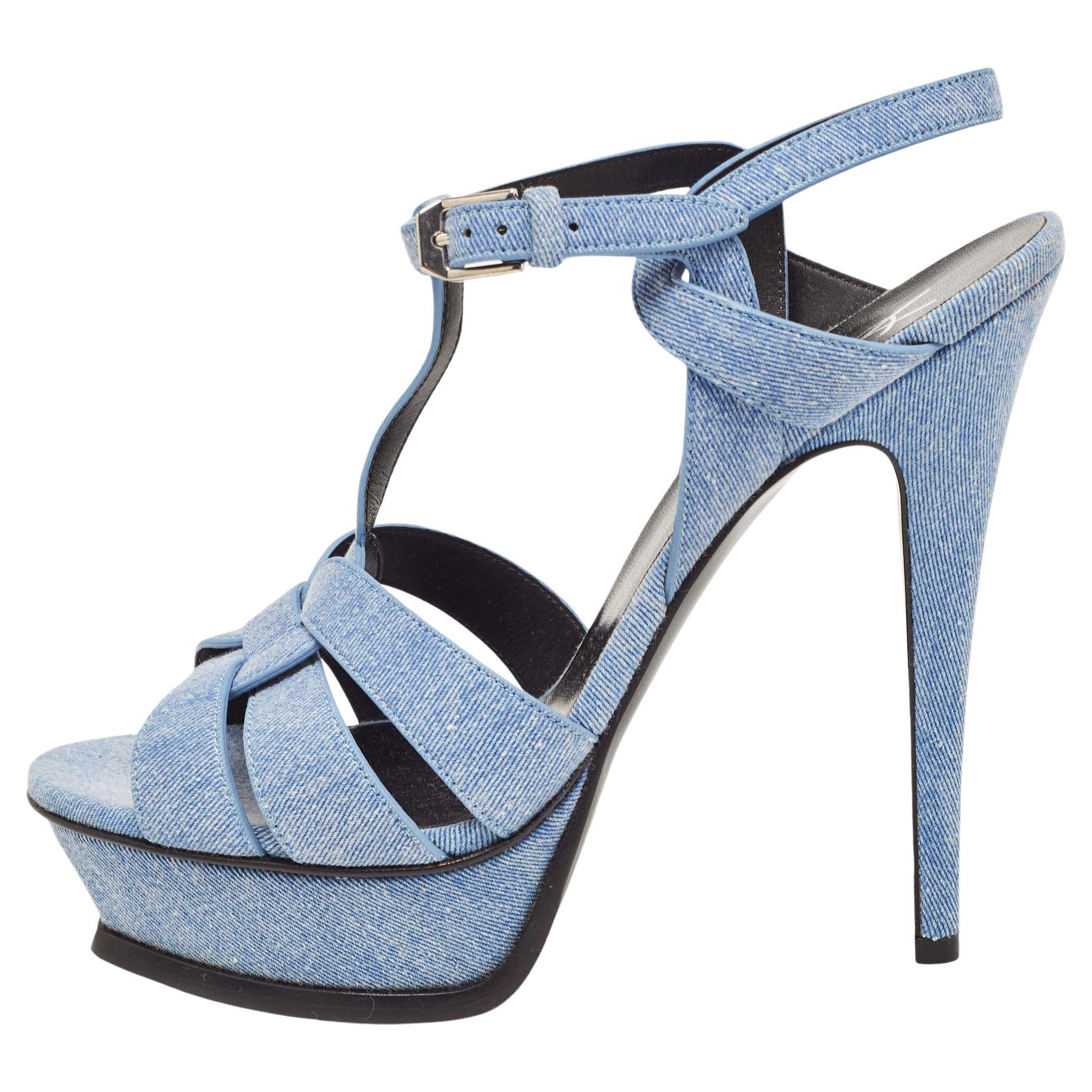 Yves Saint Laurent Blue Denim Tribute Ankle Strap Sandals Size 39 For Sale