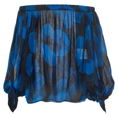 Yves Saint Laurent Blue Floral Print Silk Off Shoulder Blouse S
