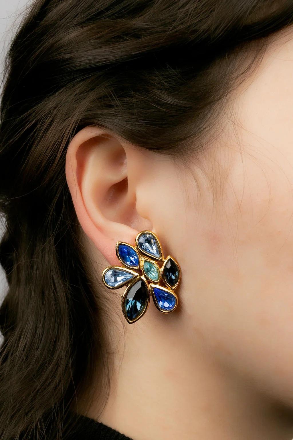 Yves Saint Laurent Blue Gold Metal Clip Earrings Paved with Rhinestones 2