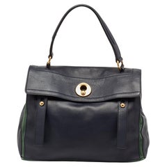 Yves Saint Laurent Blau/Grün Leder und Segeltuch Muse zwei Henkeltasche mit Griff oben
